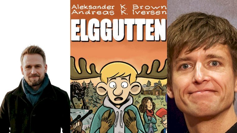 Bilde: Foto av Andreas Iversen og Aleksander K. Brown og omslaget til boka Elggutten